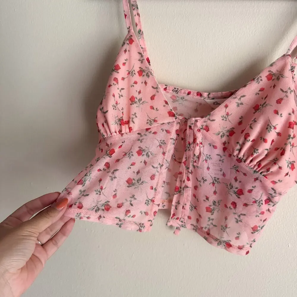 Miss Selfridge Pink + Red Rose Print Sheer Crop Tank Top Size 10 NWT Festival